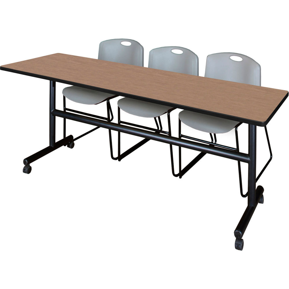 B3219607 Kobe Training Nesting Table with 2 Zeng Gray Stack Chairs, Noble Oak - 84 x 24 in.