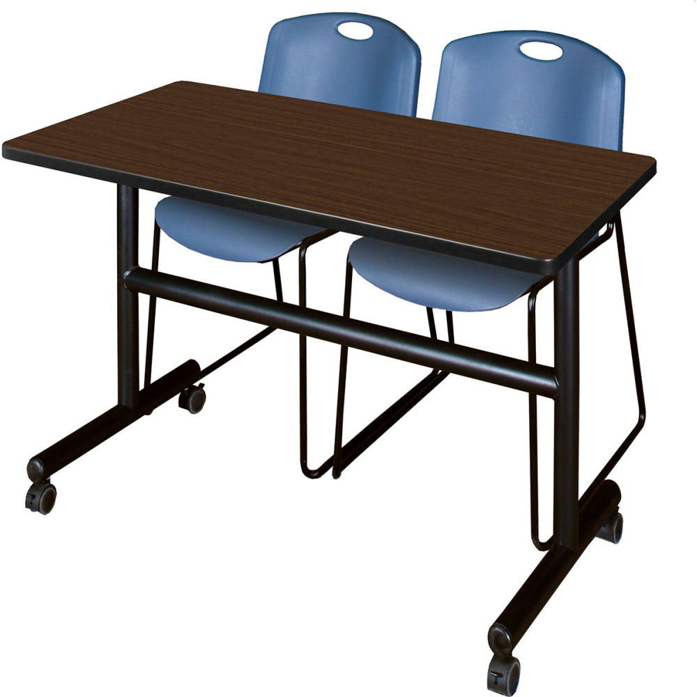 B3219476 Kobe Training Nesting Table with 2 Zeng Blue Stack Chairs, Neo Walnut - 48 x 24 in.