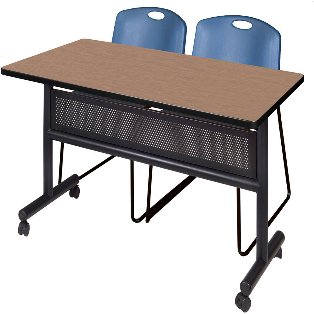 B3219581 Kobe Privacy Nesting Table with 2 Zeng Blue Stack Chairs, Noble Oak - 48 x 30 in.