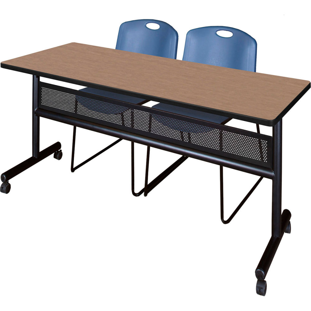 B3219653 Kobe Privacy Nesting Table with 2 Zeng Blue Stack Chairs, Noble Oak - 72 x 24 in.