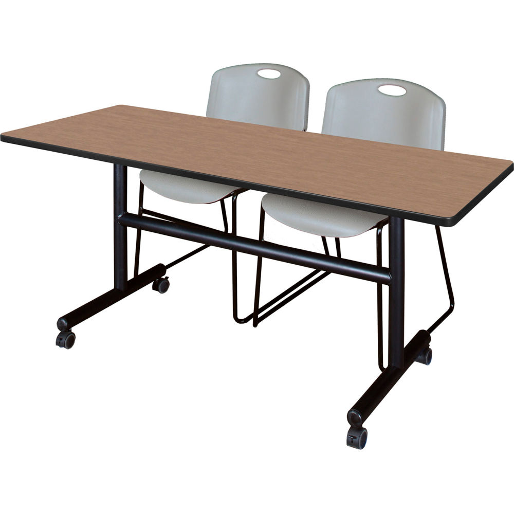B3219407 Kobe Training Nesting Table with 2 Zeng Gray Stack Chairs, Noble Oak - 60 x 24 in.