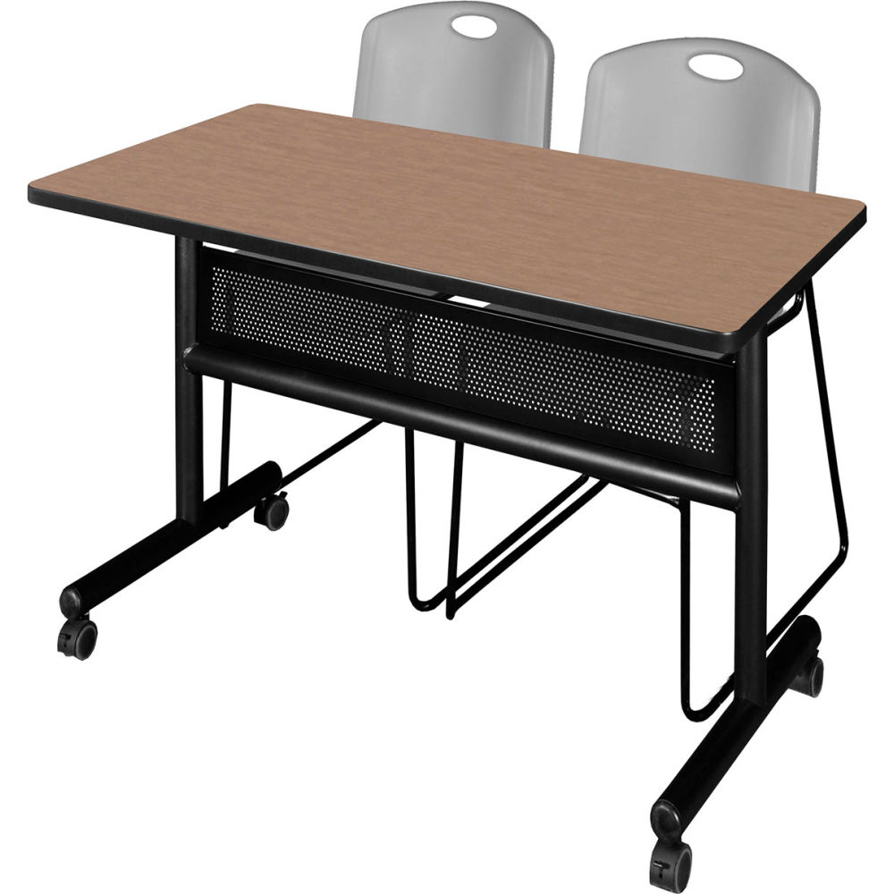 B3219482 Kobe Privacy Nesting Table with 2 Zeng Gray Stack Chairs, Noble Oak - 48 x 24 in.
