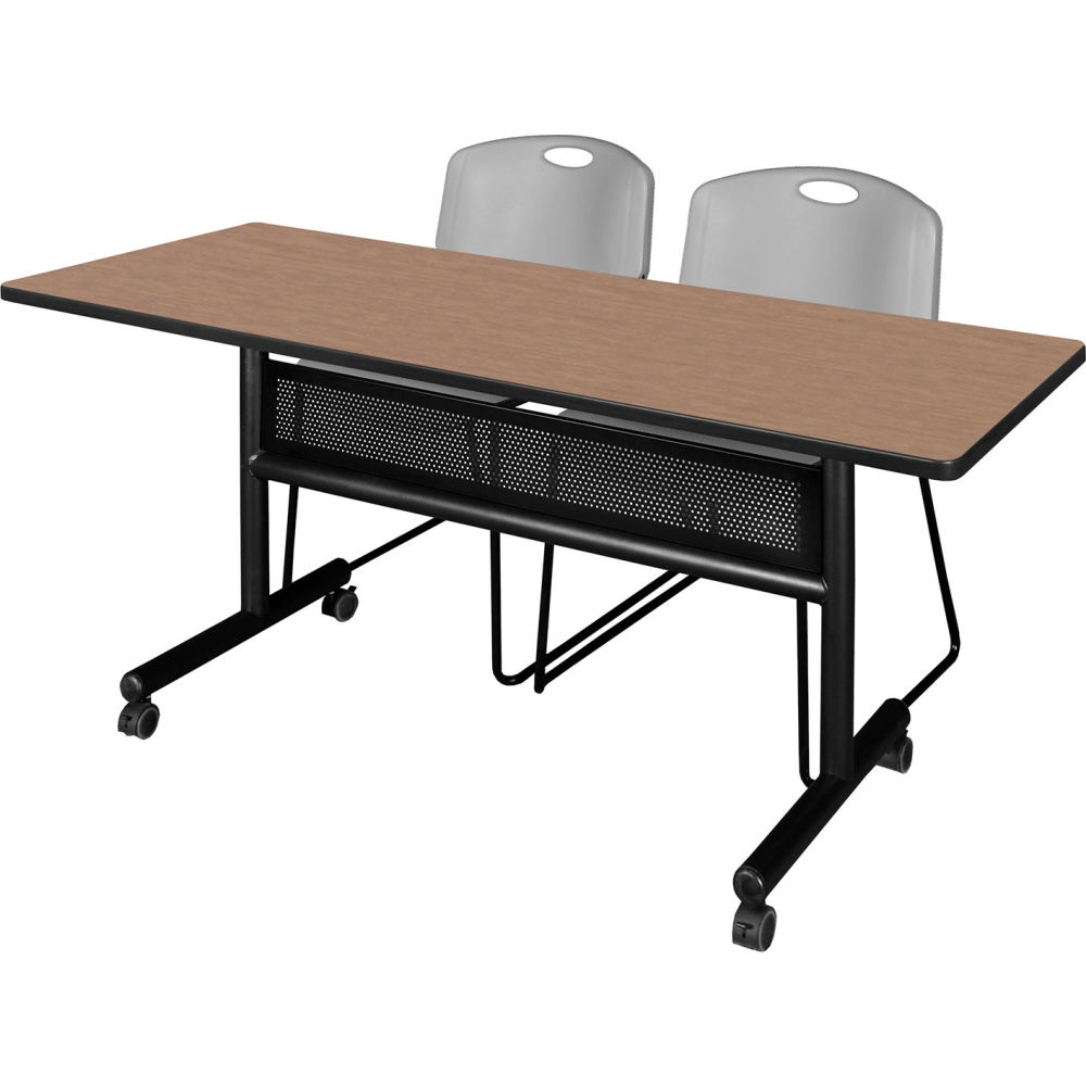 B3219598 Kobe Privacy Nesting Table with 2 Zeng Gray Stack Chairs, Noble Oak - 60 x 24 in.