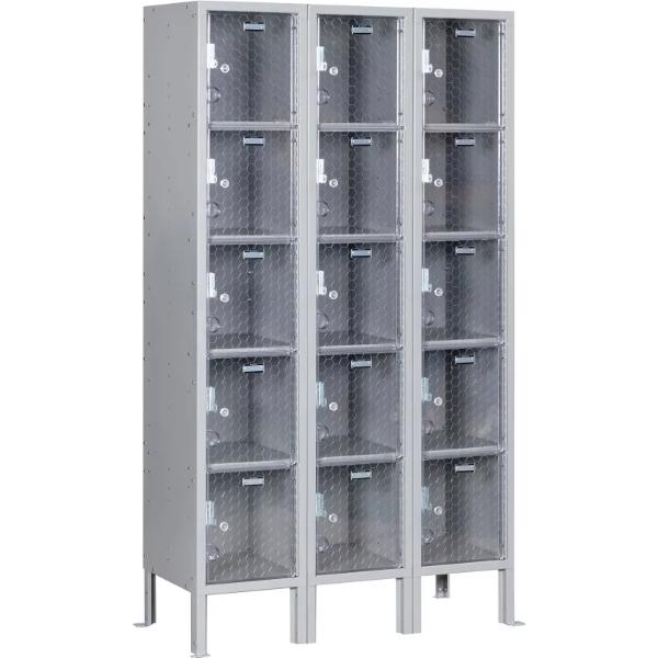 Global Industrial B3191742GYU 5-Tier 15 Door Clear View Locker - 36 x 12 x 66 in. - Gray - Unassembled