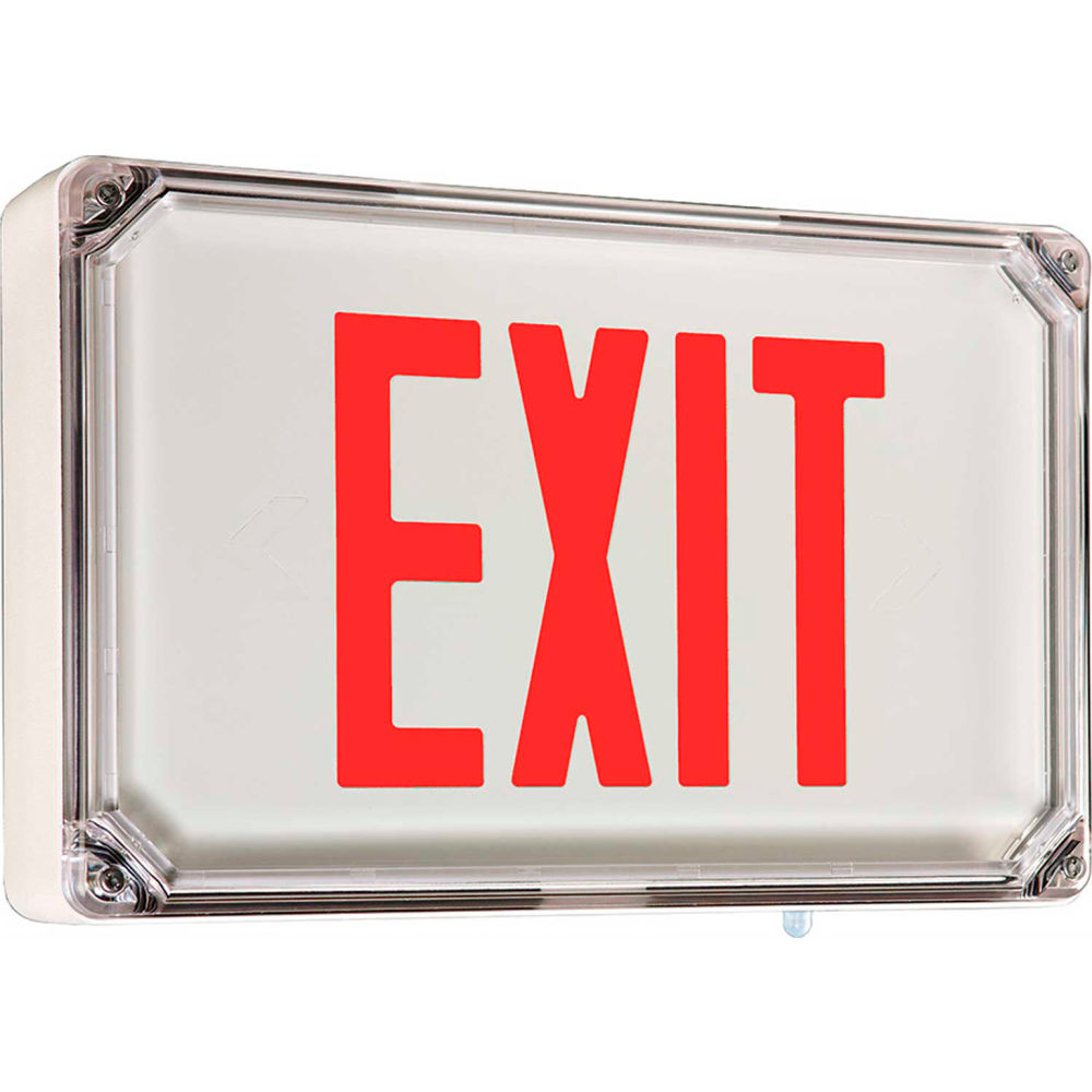 B2199417 Die-Cast Aluminum Wet-Listed Emergency Exit Sign - White with Red Letters, Single Face & Battery Backup