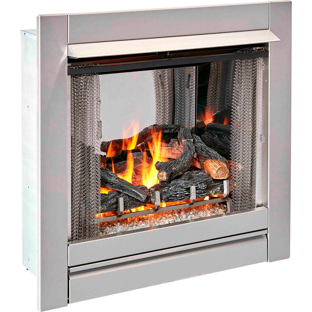 B3082799 Duluth Forge Ventless Stainless Gas Fireplace Insert with Glass Media & Log Set - 24000 BTU