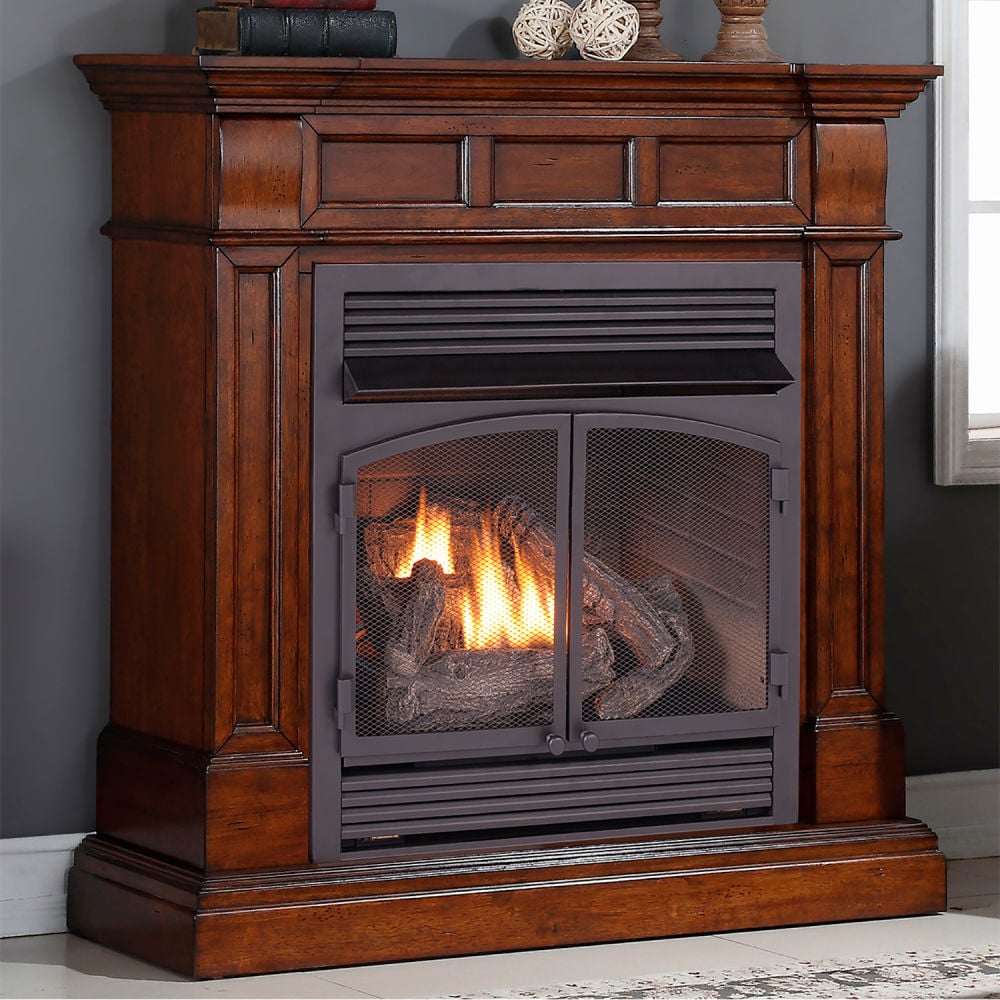 B3082772 Duluth Forge Dual Fuel Ventless Gas Fireplace with Mantel - 32000 BTU - Remote Control - Auburn Cherry