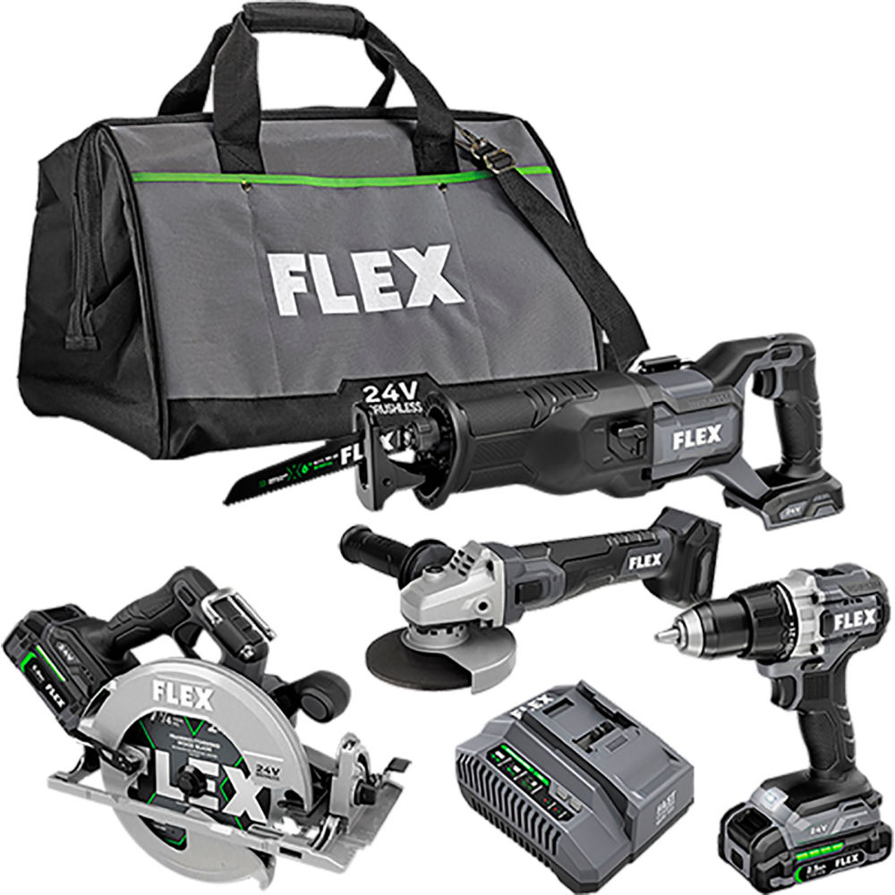 Chervon North America B3131388 Flex Brushless 4 Tool Combo Kit with Circular Saw Drill Driver - Reciprocating Saw & Angle Grinder - 24V