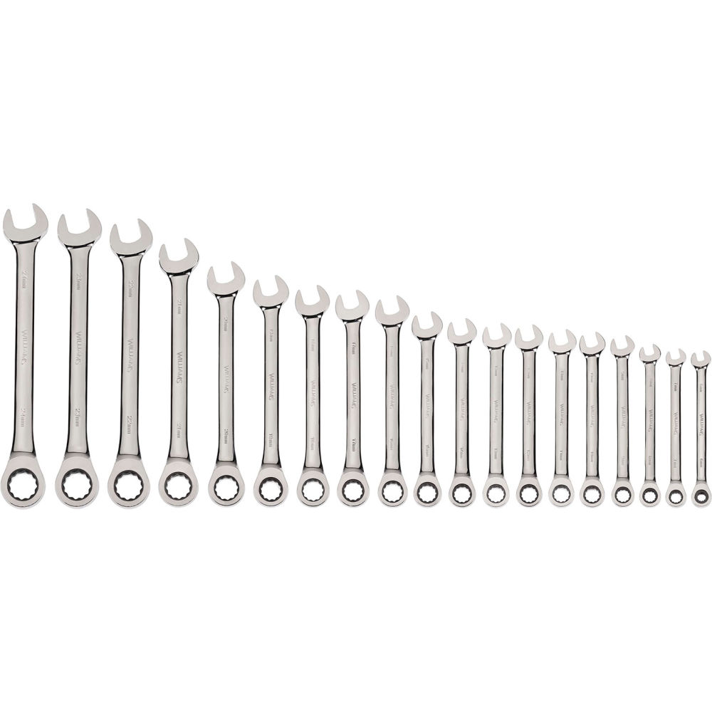 B3193784 6 to 24 mm 12-Point Combination Ratcheting Wrench Set - Chrome - 19 Piece