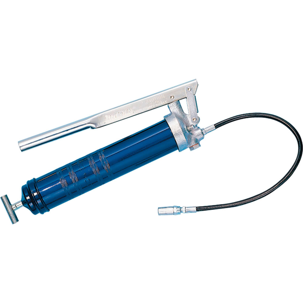 B3215070 Lincoln Lubrication 2-Way Loading Lever Action Manual Grease Gun with 18 in. Whip Hose & Coupler - Blue & Silver