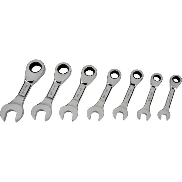 B3193739 0.375 To 0.75 in. Stubby Chrome Ratcheting Combination Wrench Set, Silver - 7 Piece