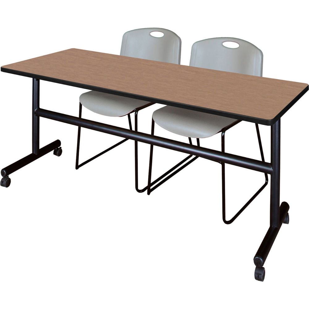 B3219559 Kobe Training Nesting Table with 2 Zeng Gray Stack Chairs, Noble Oak - 72 x 24 in.