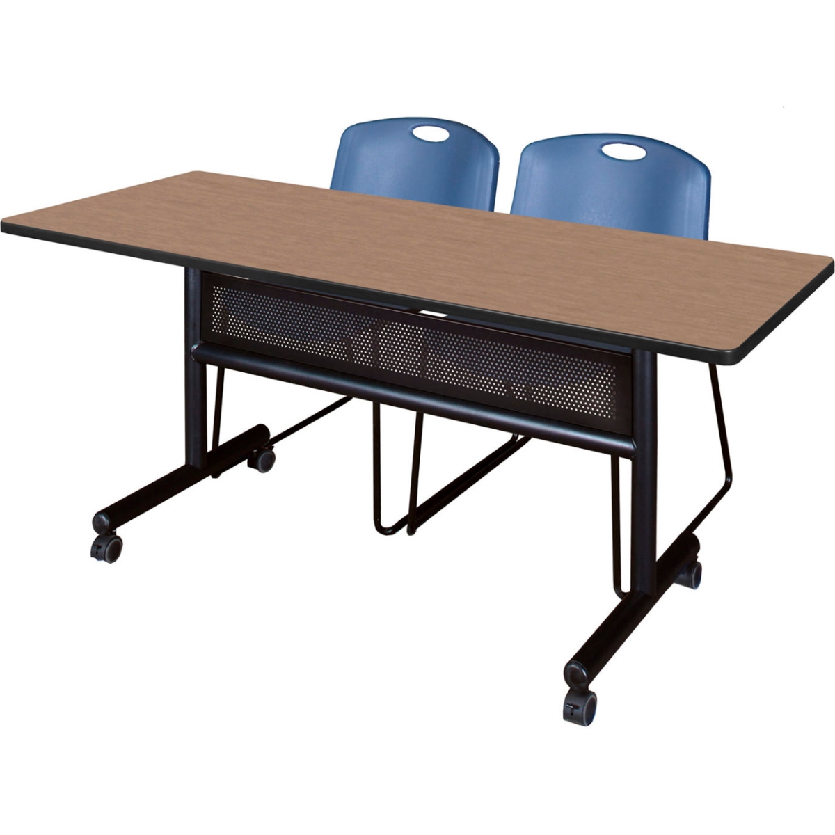 B3219564 Kobe Privacy Nesting Table with 2 Zeng Blue Stack Chairs, Noble Oak - 60 x 30 in.