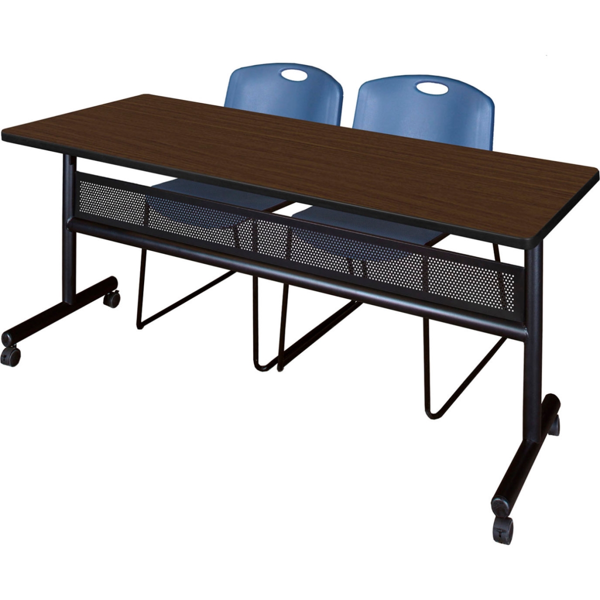 B3219739 Kobe Privacy Nesting Table with 2 Zeng Blue Stack Chairs, Neo Walnut - 72 x 30 in.