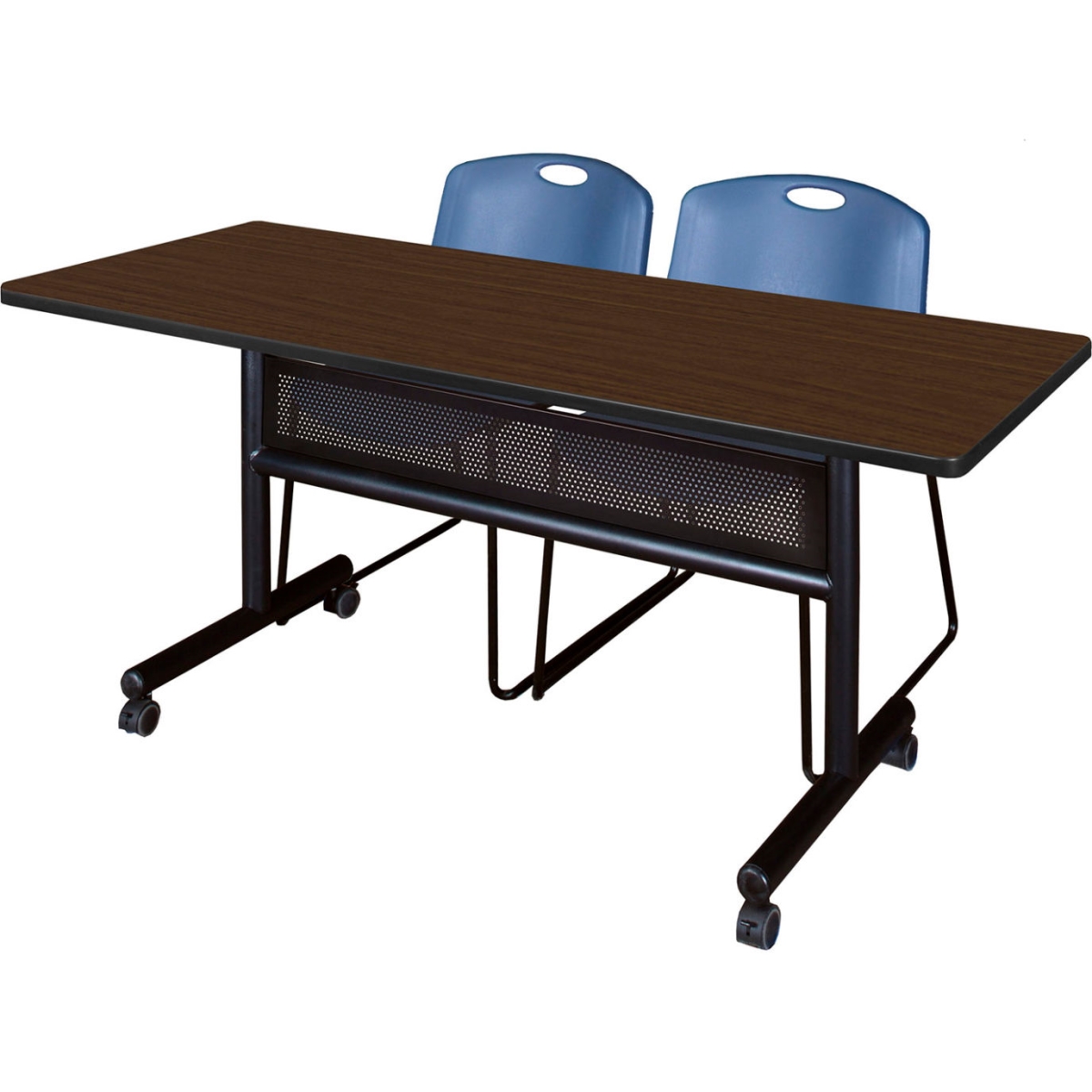 B3219670 Kobe Privacy Nesting Table with 2 Zeng Blue Stack Chairs, Neo Walnut - 60 x 30 in.
