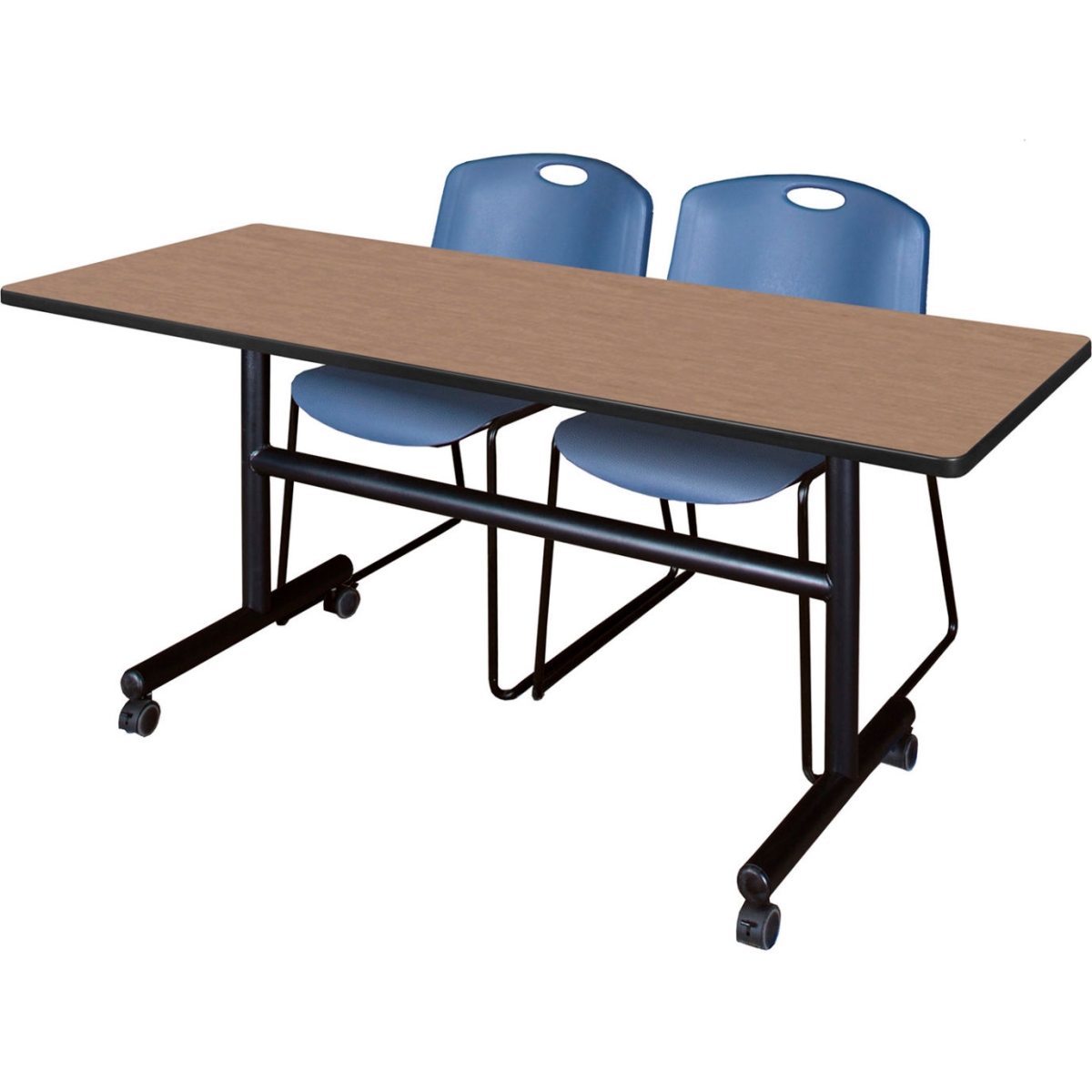 B3219486 Kobe Training Nesting Table with 2 Zeng Blue Stack Chairs, Noble Oak - 60 x 30 in.