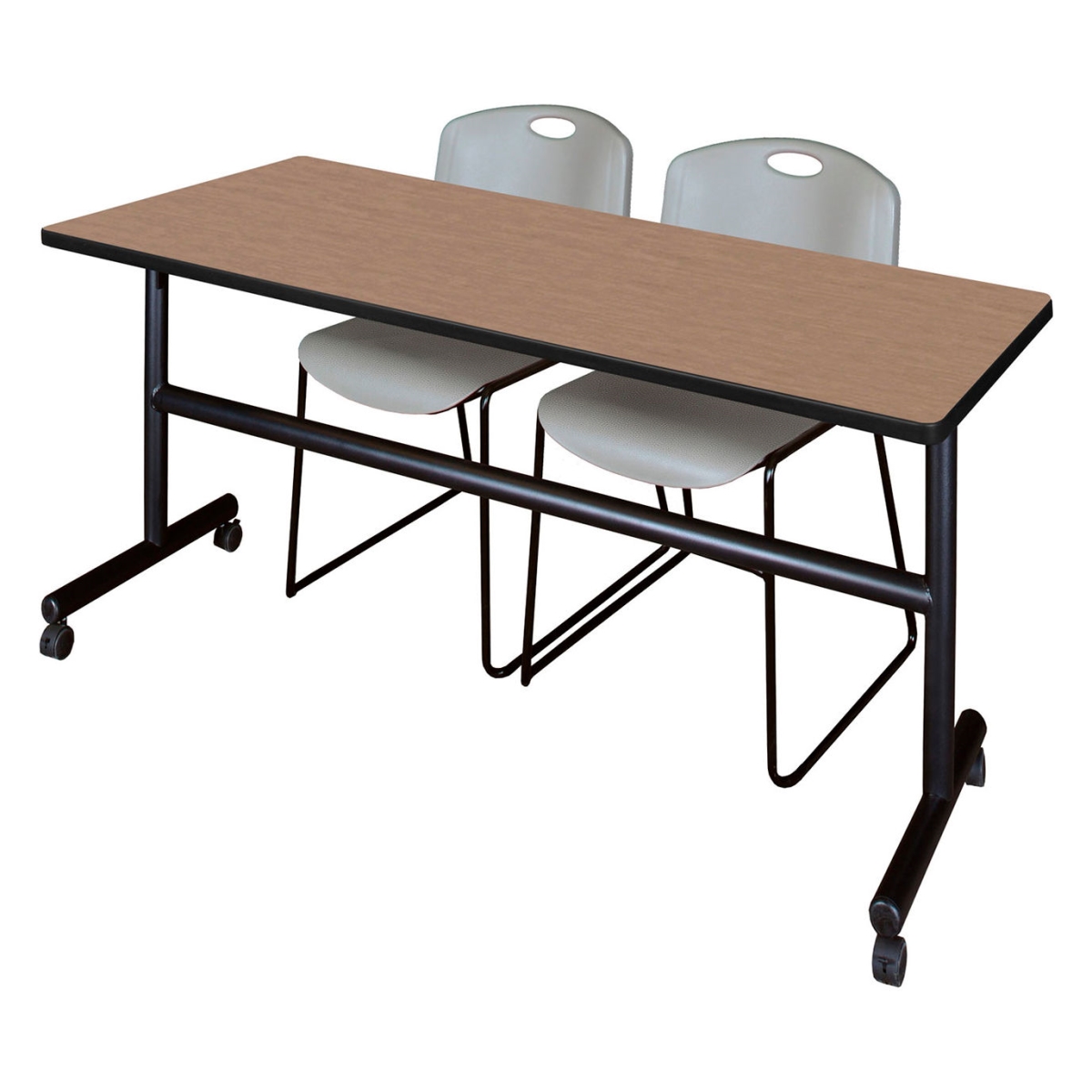 B3219570 Kobe Training Nesting Table with 2 Zeng Gray Stack Chairs, Noble Oak - 72 x 30 in.