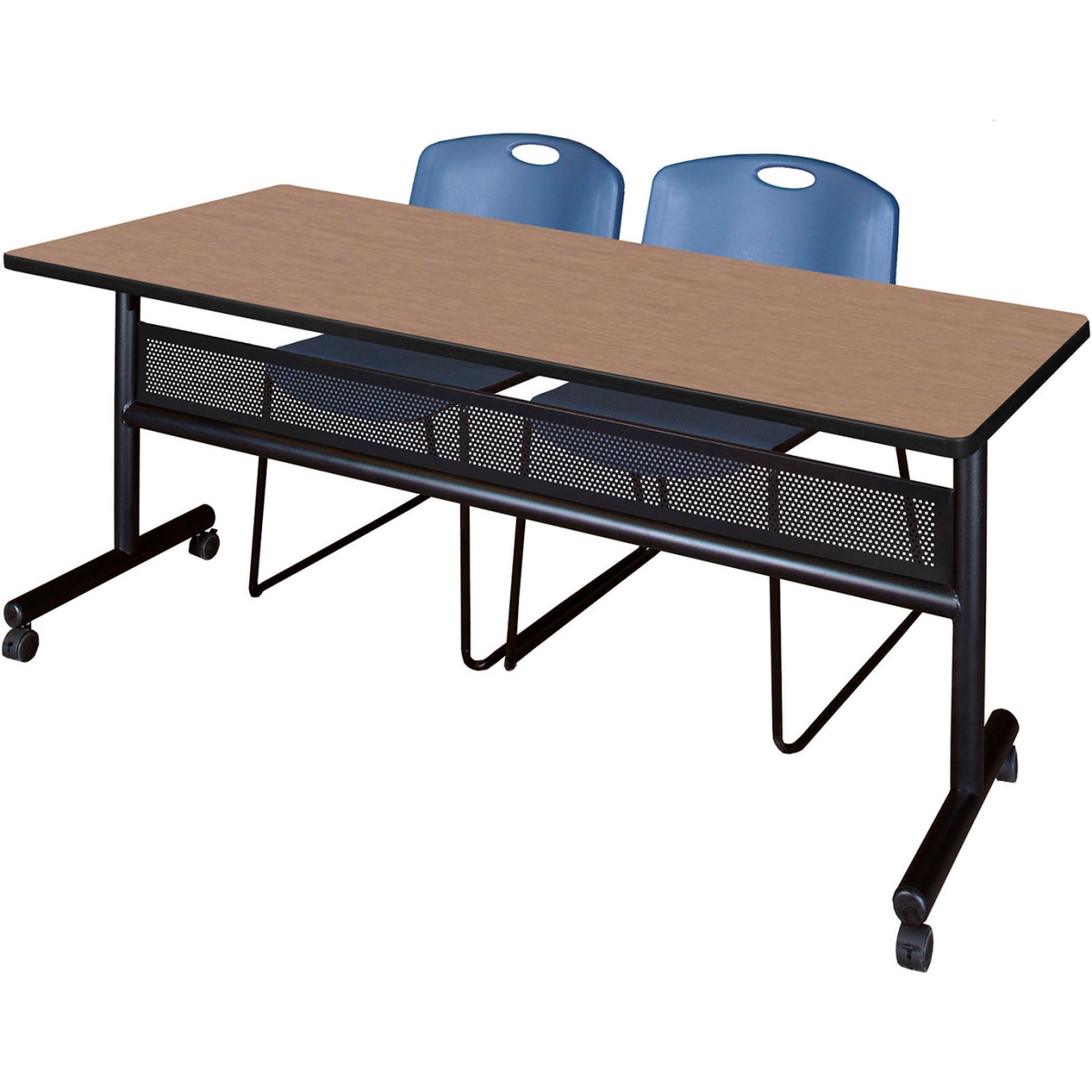 B3219764 Kobe Privacy Nesting Table with 2 Zeng Blue Stack Chairs, Noble Oak - 72 x 30 in.
