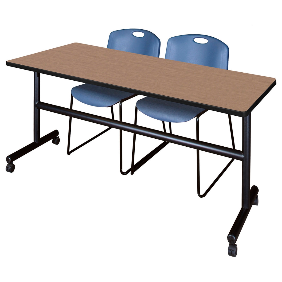 B3219553 Kobe Training Nesting Table with 2 Zeng Blue Stack Chairs, Noble Oak - 72 x 30 in.