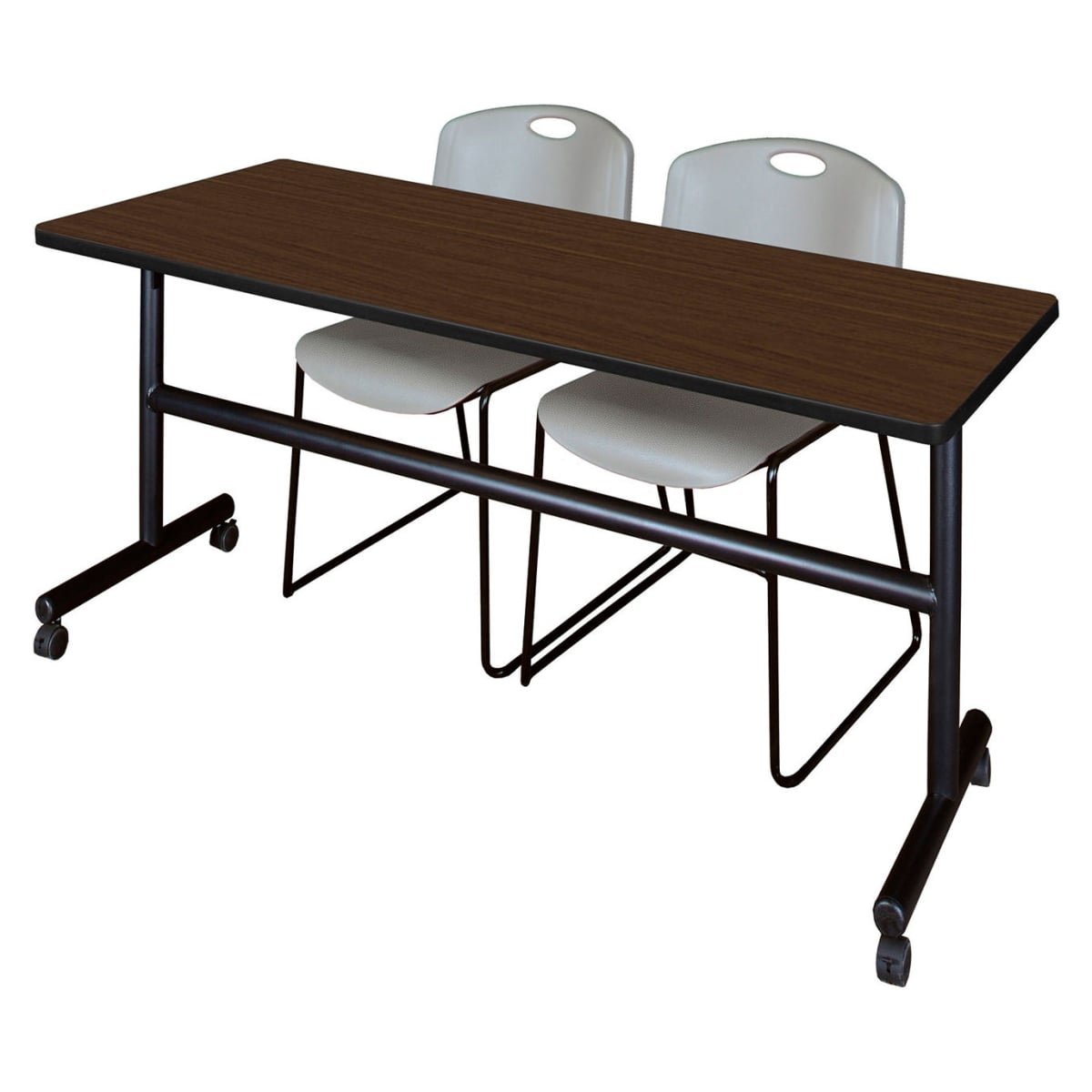 B3219685 Kobe Training Nesting Table with 2 Zeng Gray Stack Chairs, Neo Walnut - 72 x 30 in.