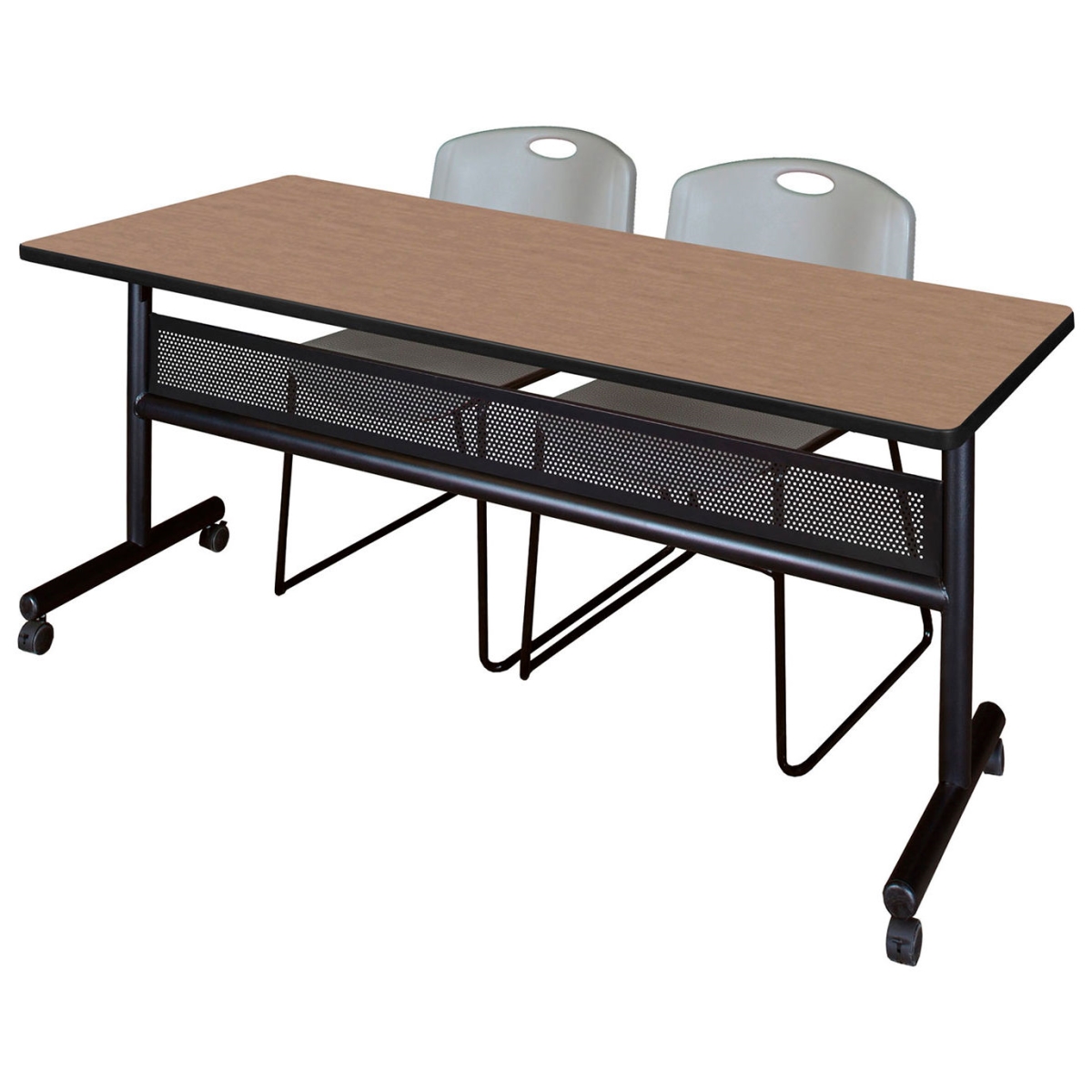 B3219709 Kobe Privacy Nesting Table with 2 Zeng Gray Stack Chairs, Noble Oak - 72 x 30 in.