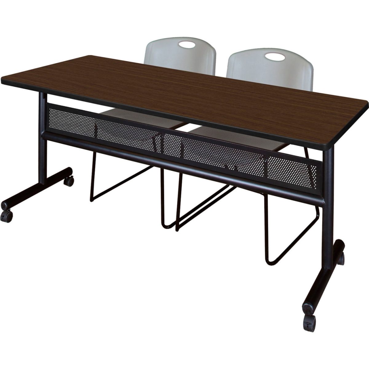 B3219788 Kobe Privacy Nesting Table with 2 Zeng Gray Stack Chairs, Neo Walnut - 72 x 30 in.