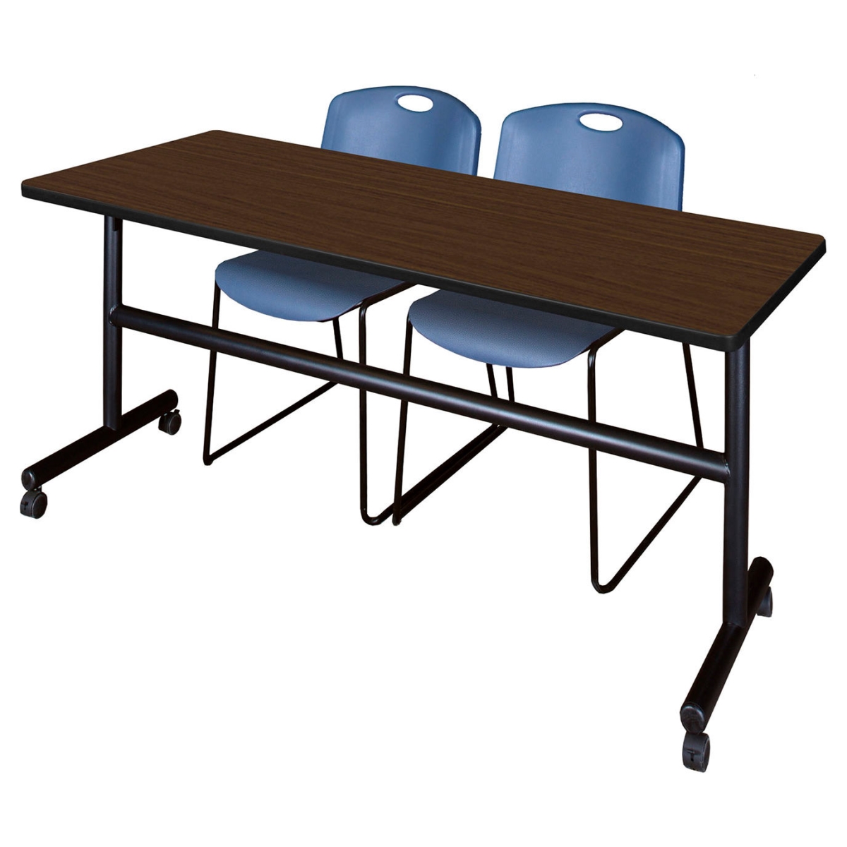 B3219603 Kobe Training Nesting Table with 2 Zeng Blue Stack Chairs, Neo Walnut - 72 x 30 in.