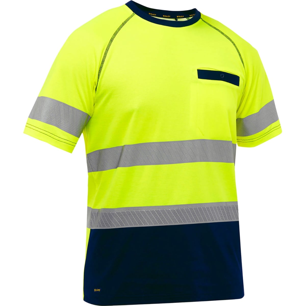 B3186208 Mens Bisley Short Sleeve T-Shirt with Navy Bottom Class 2, Hi-Vis Yellow - 3XL