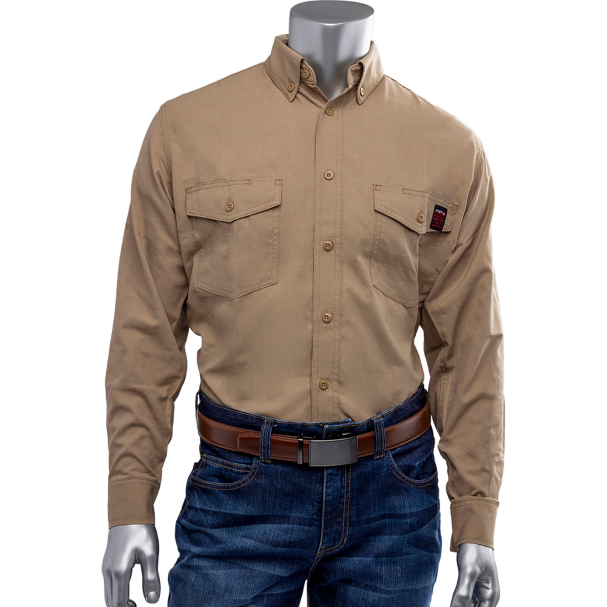 B3186743 Mens AR-FR Dual Certified Ripstop Long Sleeve Work Shirt, Tan - Large