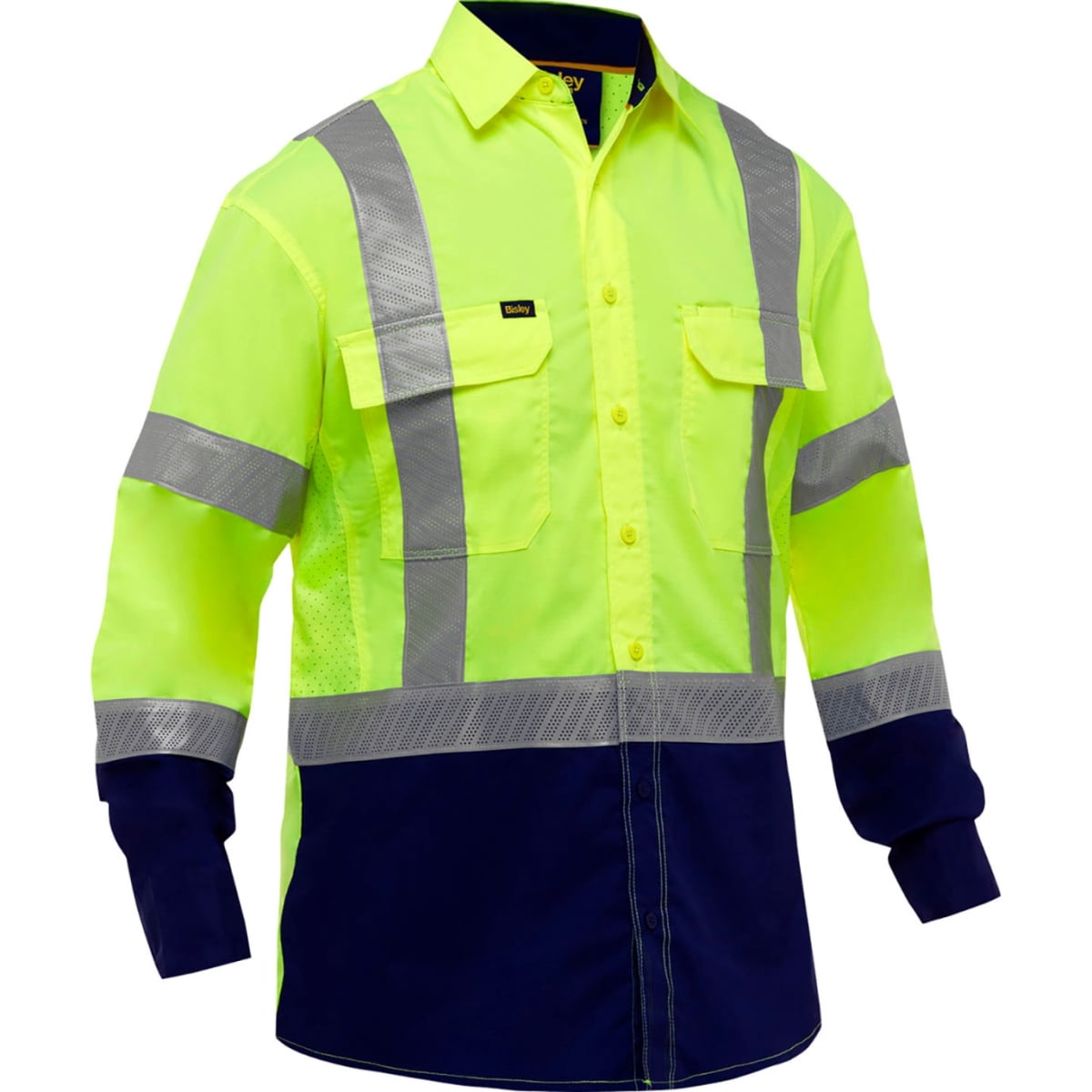 B3187078 Mens Bisley Long Sleeve Work Shirt with X-Airflow & Navy Bottom, Hi-Vis Yellow - Extra Large