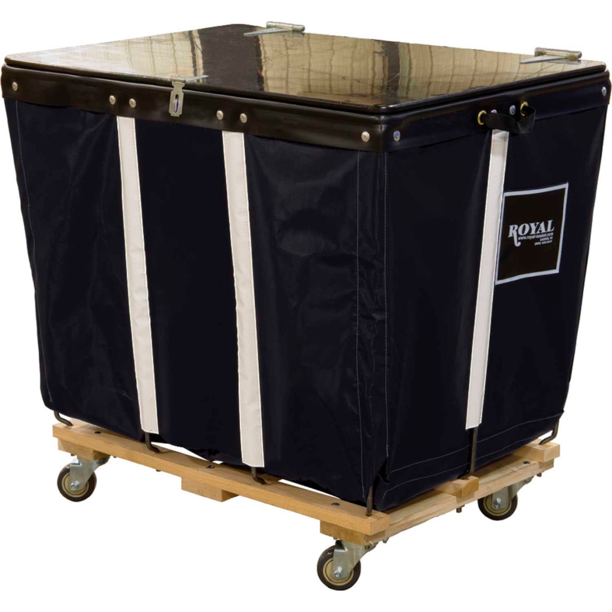B2260114 PVC Hinged Top Basket Truck with 24 Bushel & Black Vinyl Wood Base - All Swivel