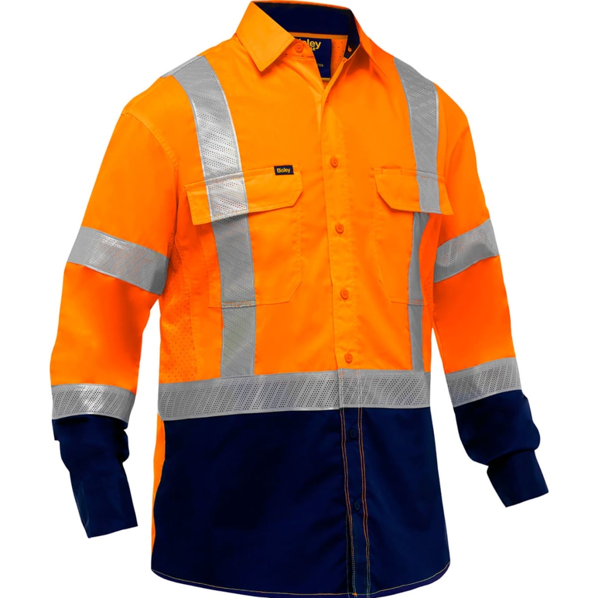 B3187096 Mens Bisley Long Sleeve Work Shirt with X-Airflow & Navy Bottom, Hi-Vis Yellow - 4XL