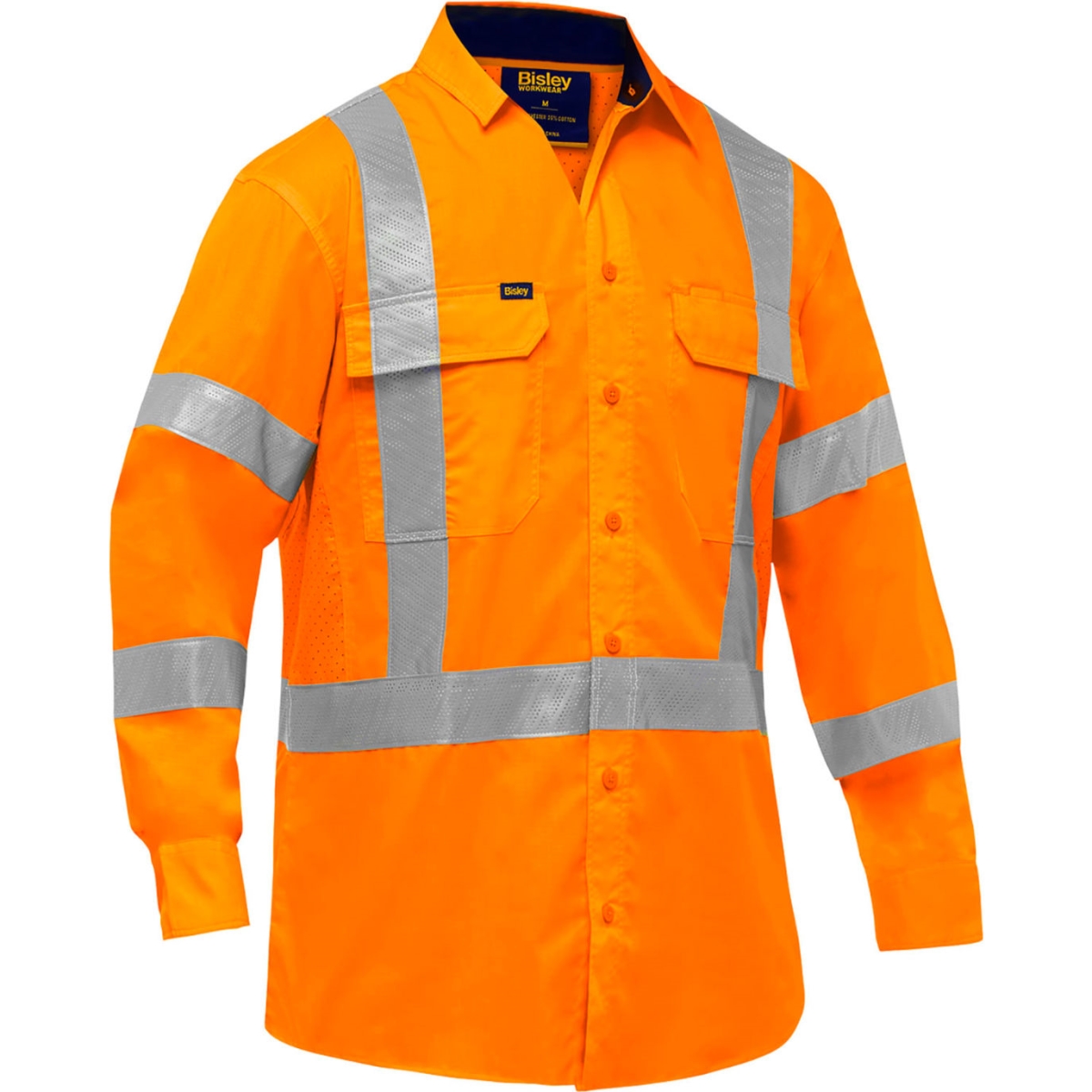 B3186255 Mens Bisley Long Sleeve Work Shirt with X-Airflow & X-Back Class 3, Hi-Vis Orange - Large