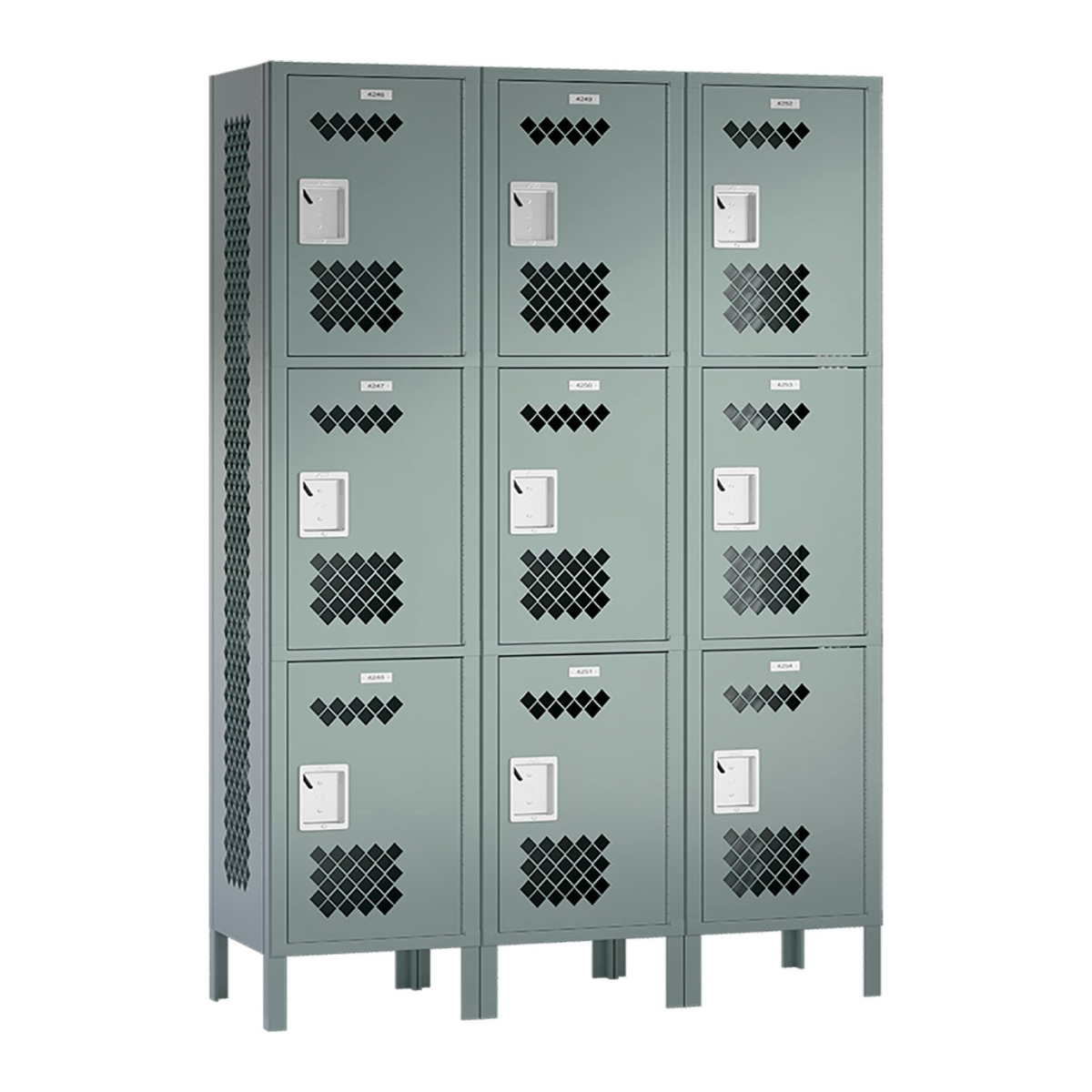 B3776389 3-Tier 9 Door Ventilated Locker with Right-Sided End Panel - Gray