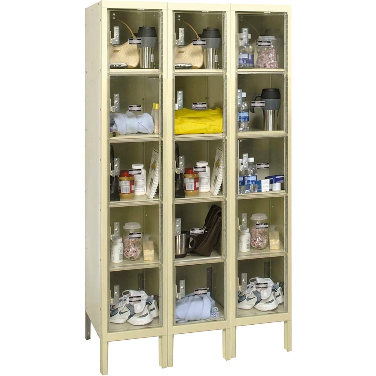 Global Industrial B2318152TN 5-Tier 15 Door Clear View Locker, Tan - 36 x 18 x 66 in.