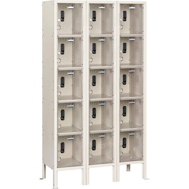 Global Industrial B3191871TNU 5-Tier 15-Door Clear View Locker Digital Lock, Tan - 36 x 18 x 66 in.