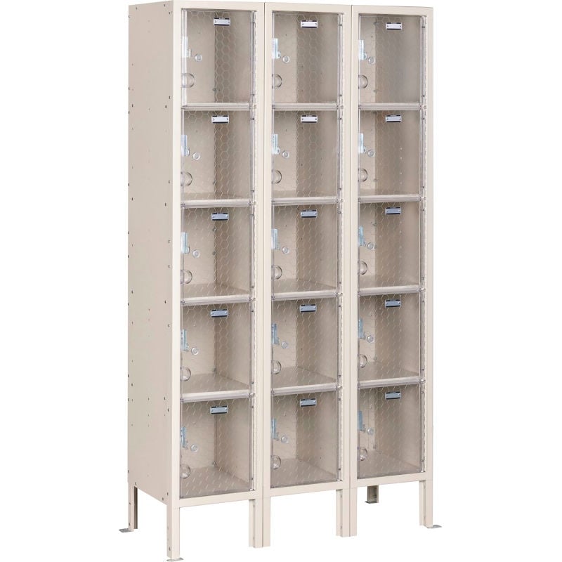 Global Industrial B3191746TNU 5-Tier 15-Door Clear View Locker Digital Lock - Tan - 36 x 18 x 66 in.