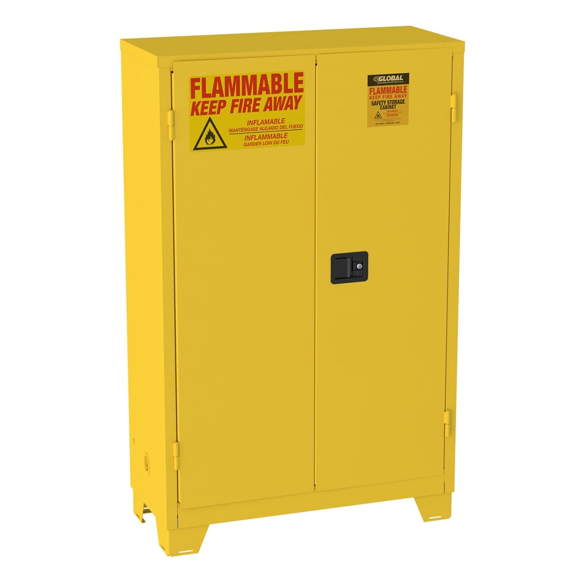 Global Industrial 240430 60 gal Flammable Cabinet with Legs Self Close Double Door, Yellow - 34 x 34 x 69 in.