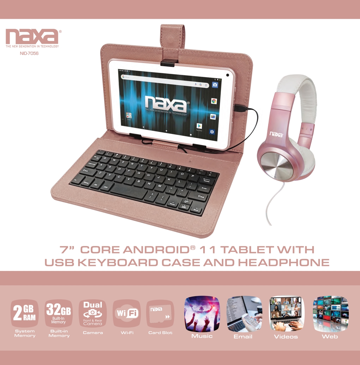 Picture of Naxa NID-7056-ROSEGOLD 1.6 GHz Quad Core Processor 2GB Ram 32GB Storage Android 11 Tablet with 7 in. HD TN Screen USB Keyboard Case & Headphone&#44; Rose Gold