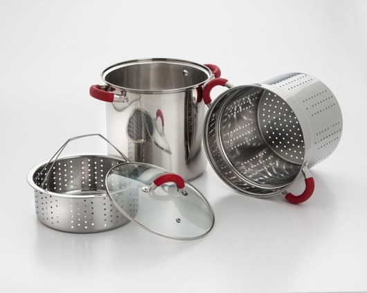 Picture of Cookpro 526 12 qt. Stainless Pasta Cooker with Lid & Red Silicone Grip