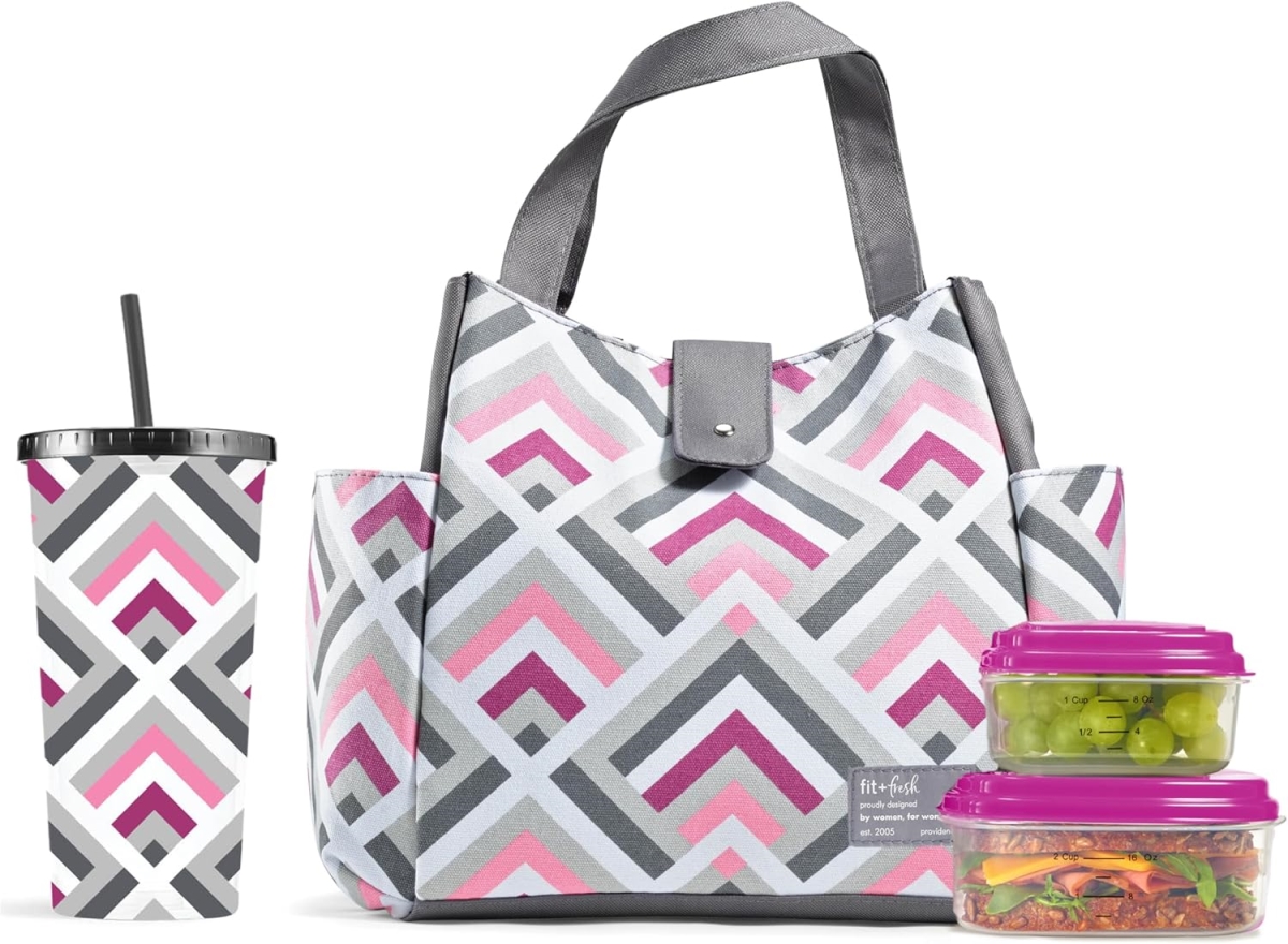 Picture of Fit & Fresh 989FF1125 Insulated Women Westport Lunch Bag with Containers & Matching Tumbler - Snap Closure - Magenta