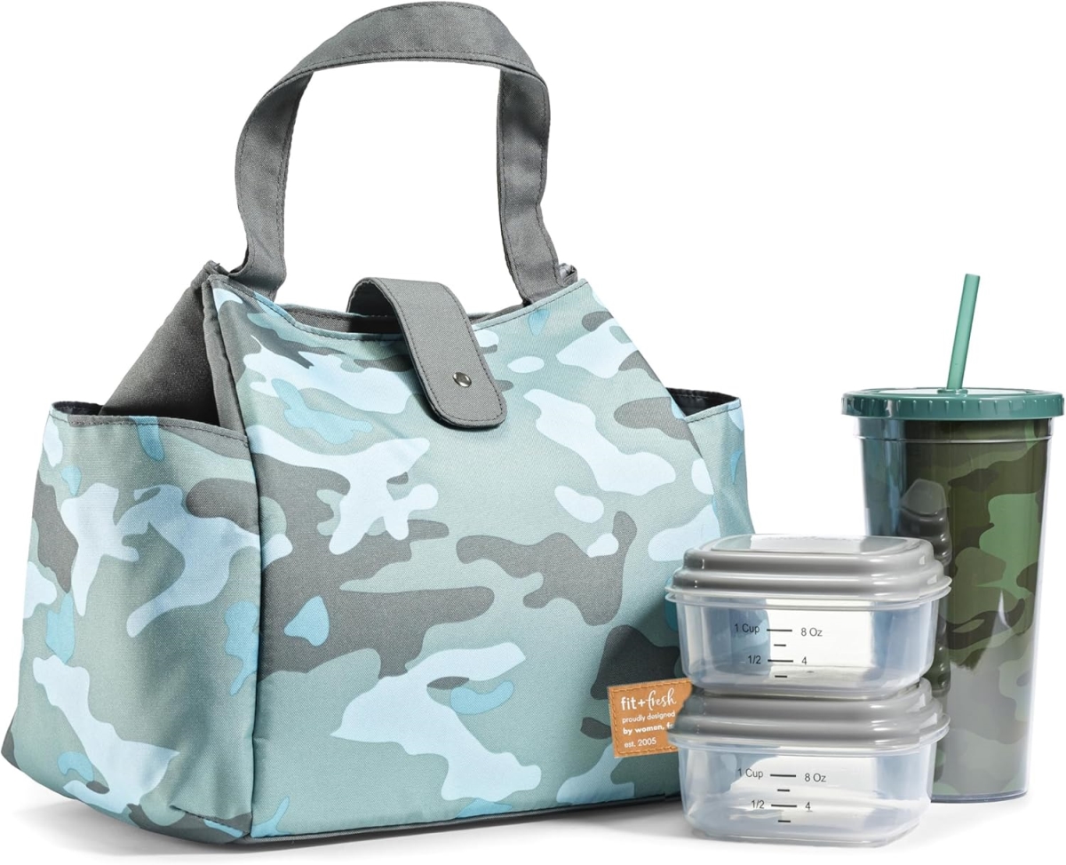 Picture of Fit & Fresh 989FF2827 Insulated Women Westport Lunch Bag with Containers & Matching Tumbler - Snap Closure - Sage Camo