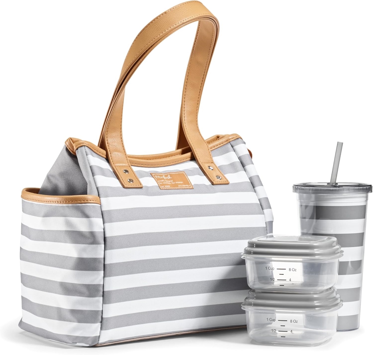 Picture of Fit & Fresh 993FF2927 Insulated Women Westerly Lunch Bag with Containers & Matching Tumbler, Zipper - Grey Strip