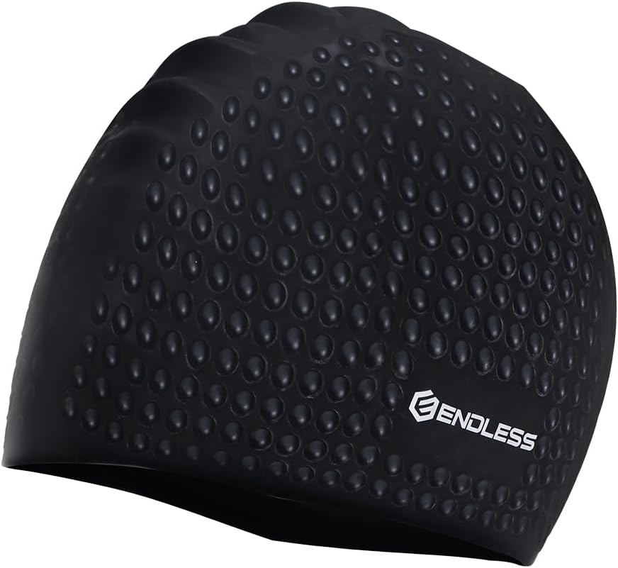 EL-1021BLACK Comfortable Silicon Swimming Cap with Bubble Design - Black - Adult Free Size