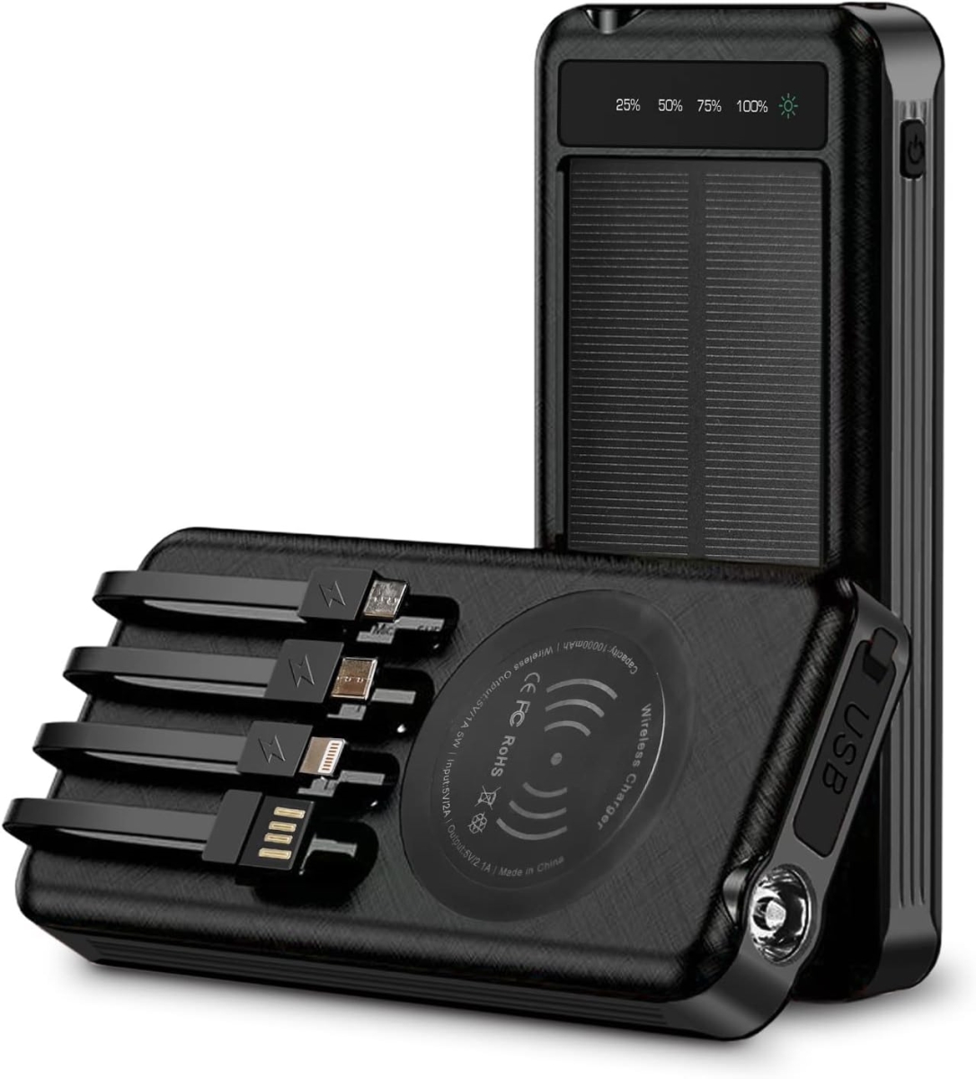 ZL809-BK 10000mAh Solar Power Bank & Wireless Charging with LED Flashlight - Black