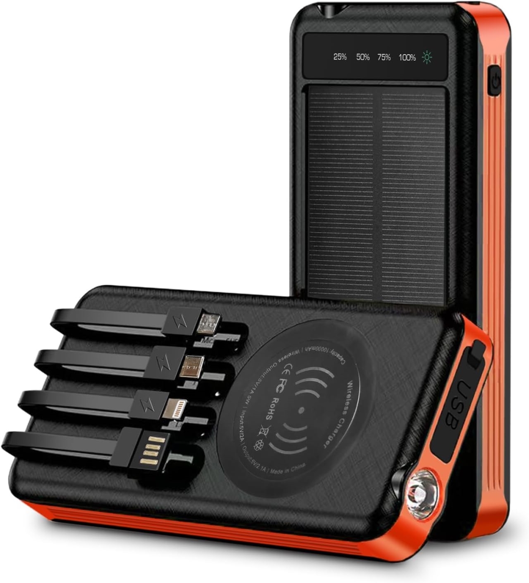 ZL809-OR 10000mAh Outdoor Solar Portable Power Bank with Wireless Charging, Orange