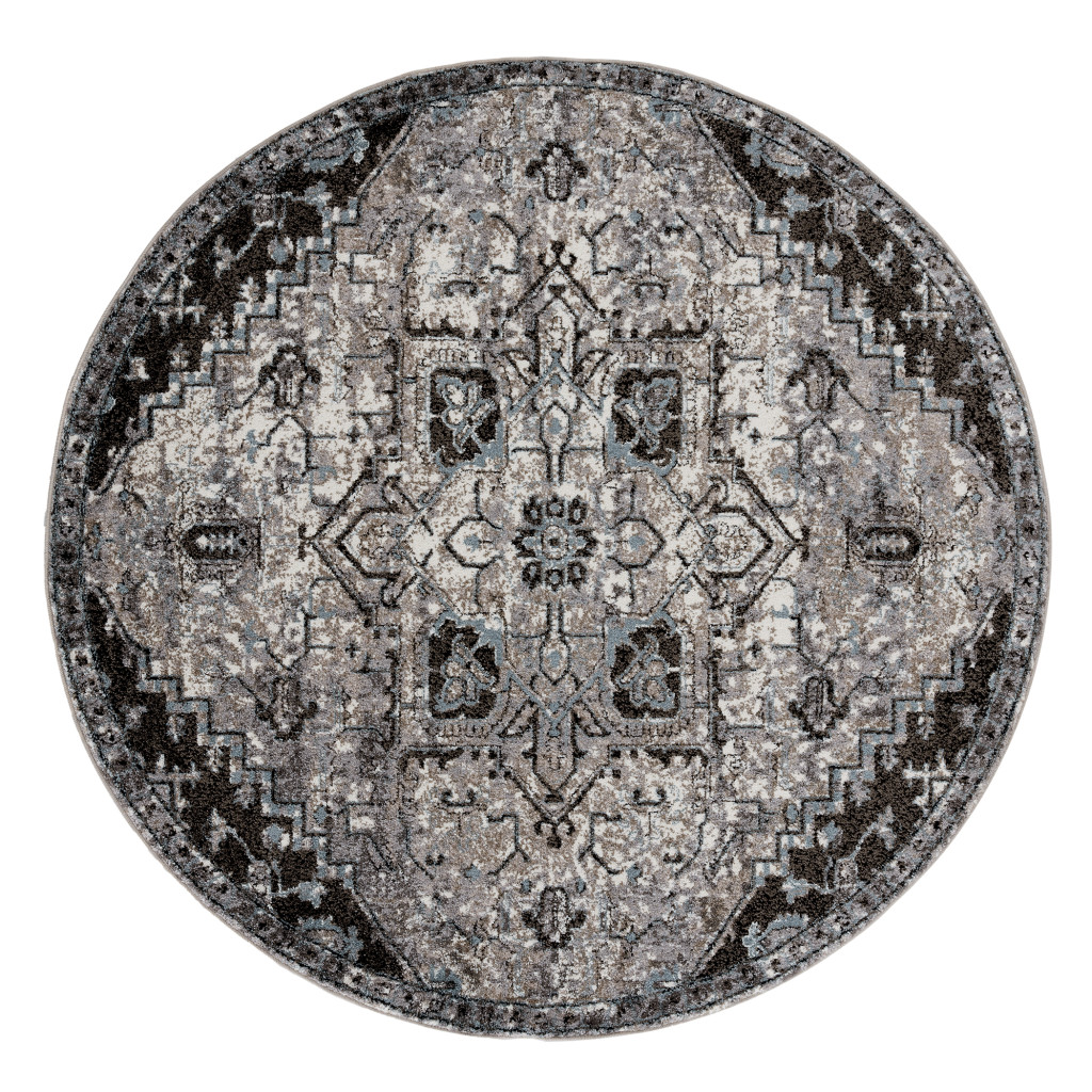 6 ft. Gray Medallion Power Loom Round Area Rug
