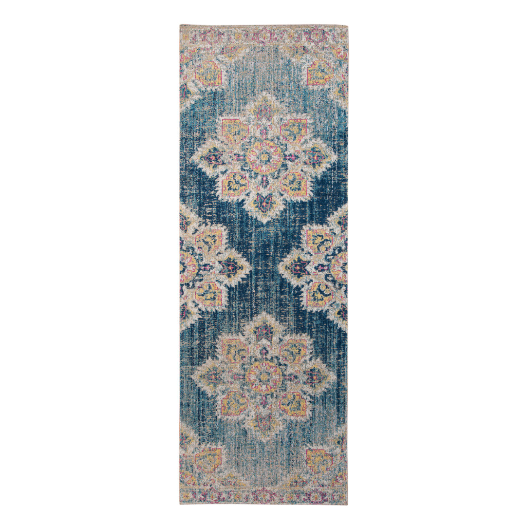 7 ft. Teal Blue Medallion Power Loom Runner Rug with Fringe