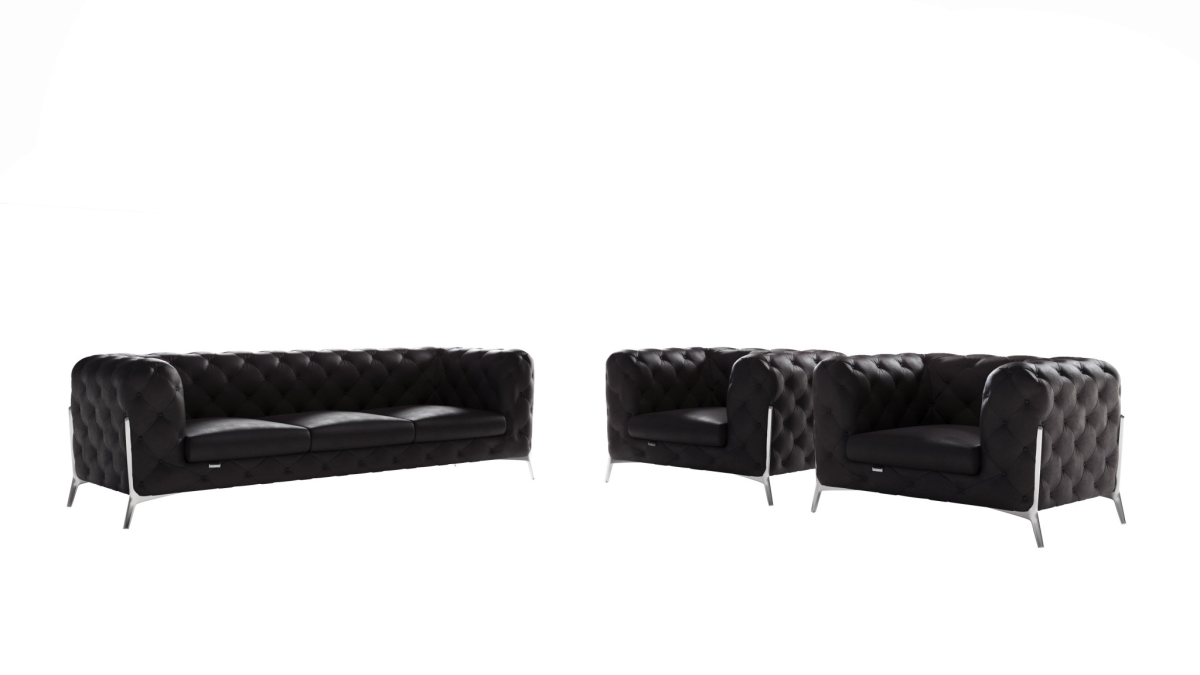 Black Italian Leather Five Person Seating Set - 3 Piece