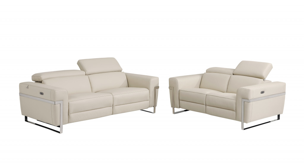 Beige Italian Leather Five Person Seating Set - 2 Piece